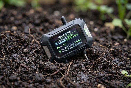 High-tech electronic soil sensor testing moisture levels, pH, and NPK nutrients directly in garden soil, promoting modern precision agriculture and smart gardening.