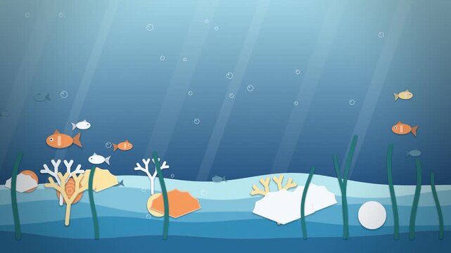 Blue paper cut underwater coral fish and light rays seamless loop