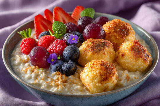 Tasty breakfast with oatmeal, corn balls and fruits on lilac background