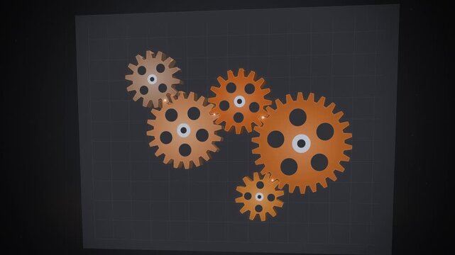 Orange printed gears assembling and meshing on graphite seamless loop