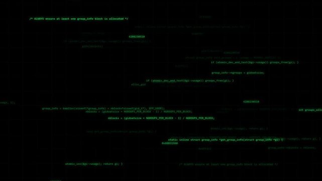 Green computer programming code text scrolling on a dark black digital screen background