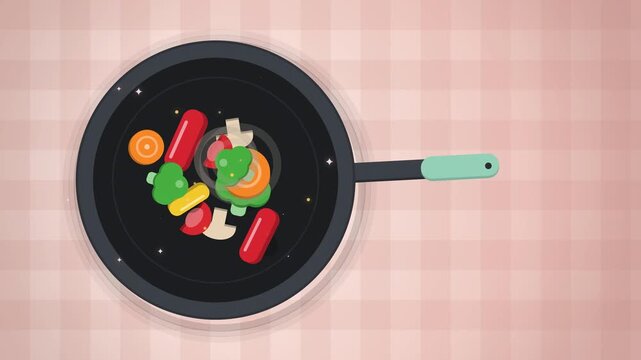 Top view stir fry vegetables cooking in black pan on pink gingham