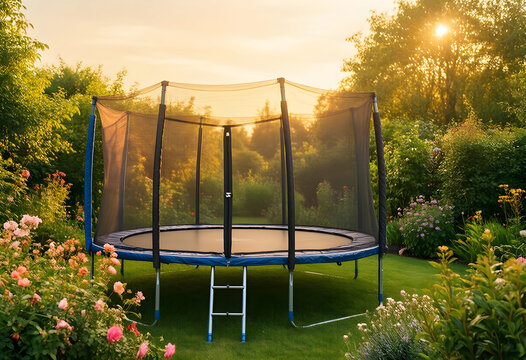 Active childhood and family recreation, backyard trampoline with safety net in a lush garden at sunset for outdoor fitness and summer leisure activity