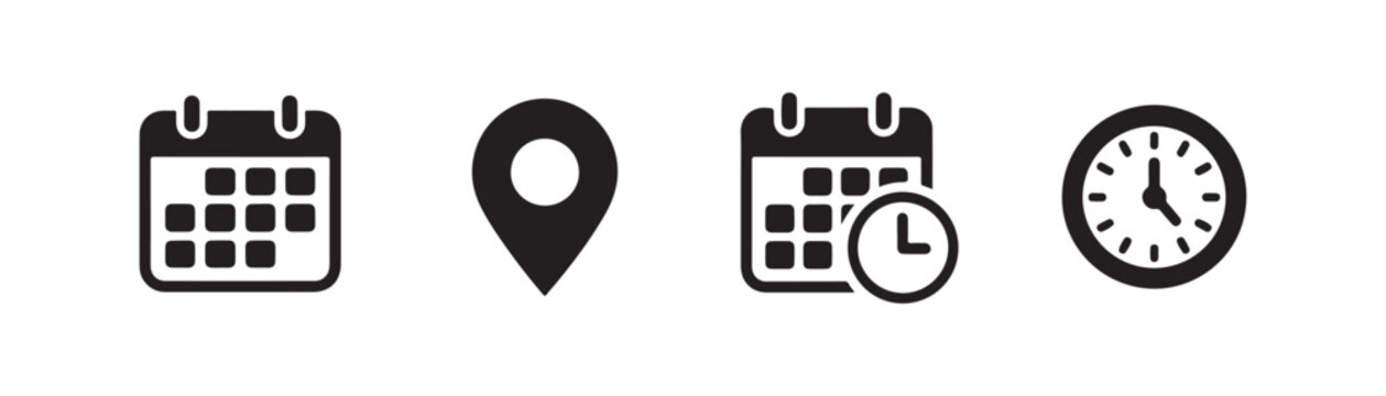 Calendar and clock icons with a map pin, suggesting scheduling and meeting appointments.