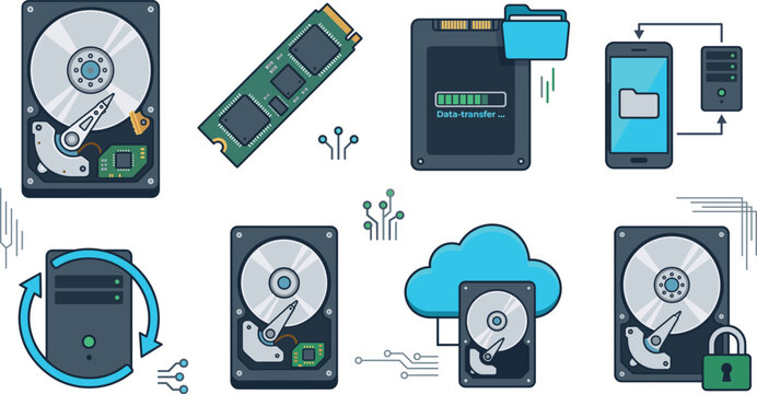 Computer Data Storage and Backup Vector Icon Set Featuring Hard Drives, SSD, RAM, Cloud Synchronization, Mobile Transfer, and Secure Lock Symbols for Technology Layouts