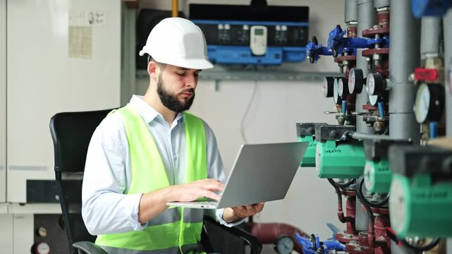 Focused engineer, wearing a white hard hat actively monitors industrial piping and gauges. Male worker uses a laptop, performing data entry and system inspection in a boiler room.