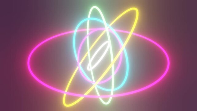 Hypnotic abstract rotating 3D gyroscope rings in glowing spectrum circle colors. Seamless looping futuristic atomic or quantum core animation on dark purple background. 4K motion graphic.