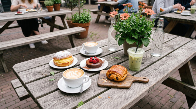 Outdoor Caf&eacute; Breakfast with Cappuccino, Fresh Pastries, Raspberry Tart and Flowering Plan