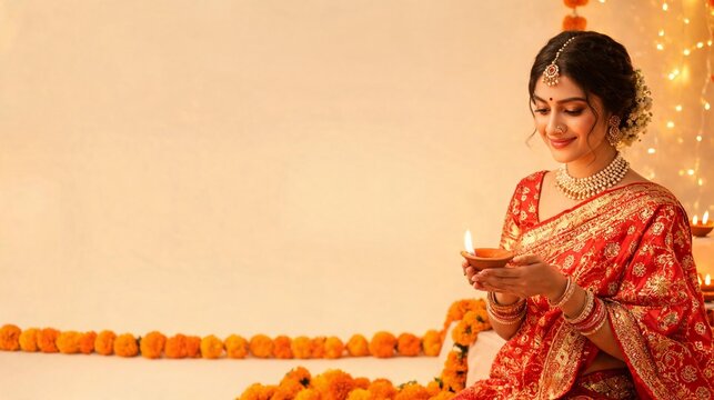Indian Woman Holding Glowing Diya for Diwali Social Media Banner