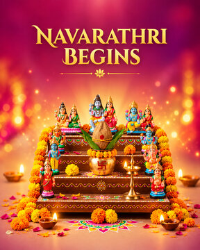 Navarathri Begins Greeting Poster with Traditional Golu Display, Hindu Deities, Kalash, and Marigold Flowers 