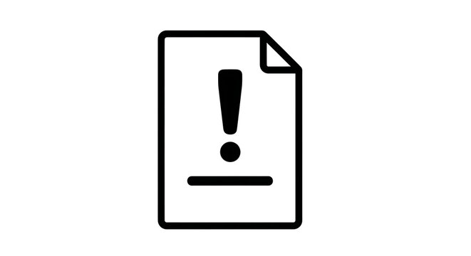Black exclamation mark icon on a document page isolated on transparent