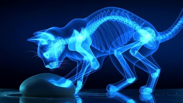 Feline skeleton running with glowing blue effect in dark setting