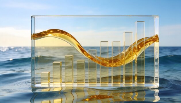 Glass financial chart with flowing golden liquid standing proudly inside blue ocean waters outdoors