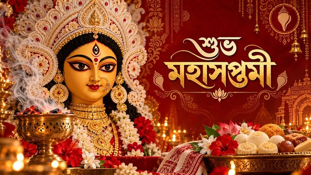 Subho maha saptami festival greeting background with ornate goddess durga idol and sweets plate