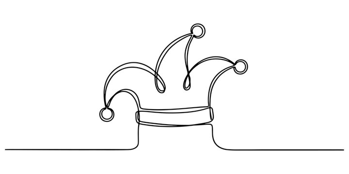 Continuous line drawing of jester hat with bells for funny circus carnival entertainment and festive holiday performance arts.
