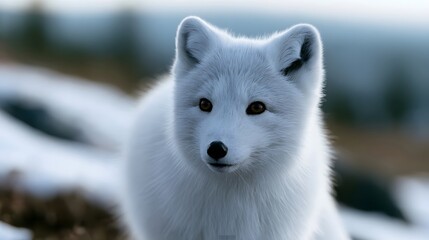 Fototapeta premium A close up of a white fox with alert ears and bright eyes standing in a snowy landscape under soft daylight