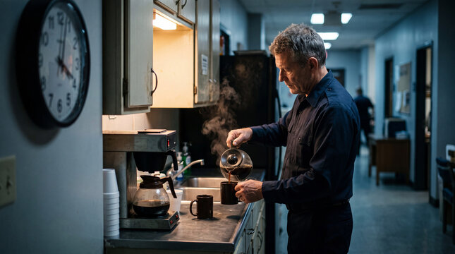 Older officer pouring coffee in station kitchenette at 4am