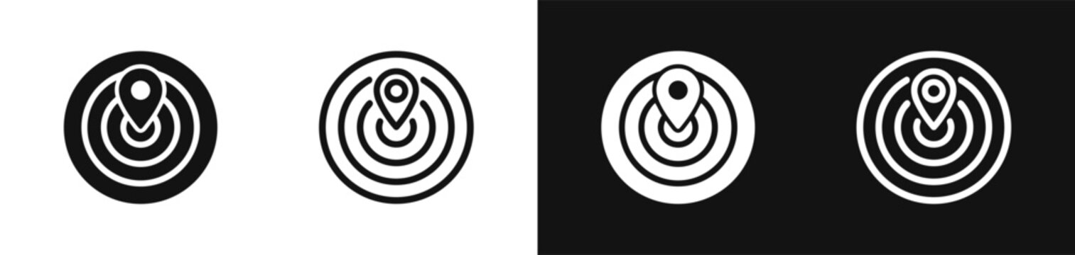 Location pin radar signal waves navigation tracking vector icon set