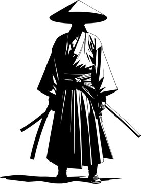 Black silhouette of a warrior in Japanese traditional clothing and hat. Minimalistic style emphasizes determination and loneliness.