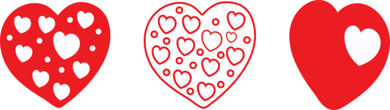 Red heart set with various patterns and line art styles isolated on transparent background