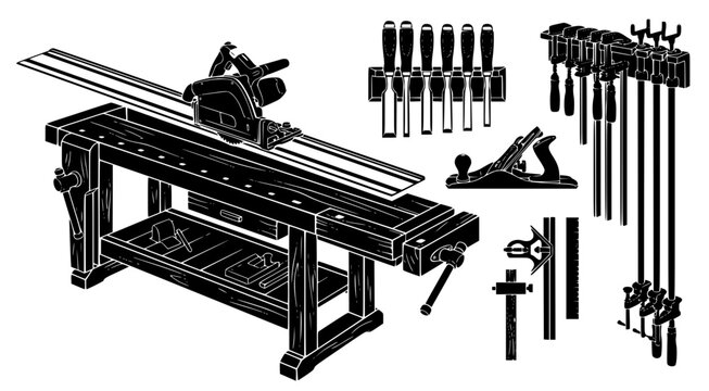 Woodworking workshop scene featuring a professional table saw with track guide various wood chisels parallel clamps and a hand plane in a clean black and white vector graphic design style