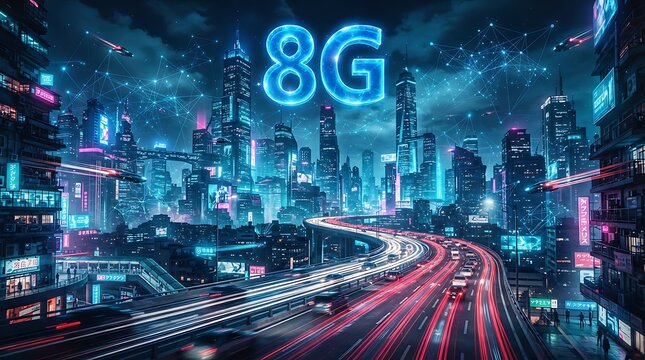 Futuristic 8G network technology concept over modern neon illuminated cyberpunk city skyline