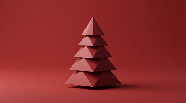 Minimalist 3d rendered christmas tree made of red geometric pyramid shapes, modern holiday concept