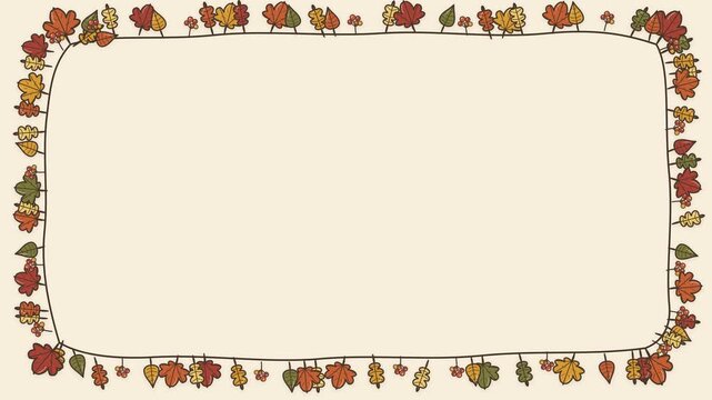 Elegant hand drawn autumn leaves frame background animation with organic botanical branches, warm seasonal foliage, and a clean central copy space. Seamless decorative autumn border suitable for seaso