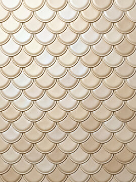 Elegant beige ceramic tiles with a decorative scalloped fish scale pattern.