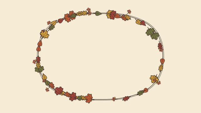 Elegant hand drawn circular autumn leaves wreath frame background animation with clockwise botanical growth, sequential foliage blooming, and clean central copy space for Thanksgiving, seasonal greeti