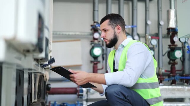 Diligent engineer with a beard, wearing a white shirt, pants, and safety vest, inspecting industrial machinery with a clipboard in a modern boiler room.