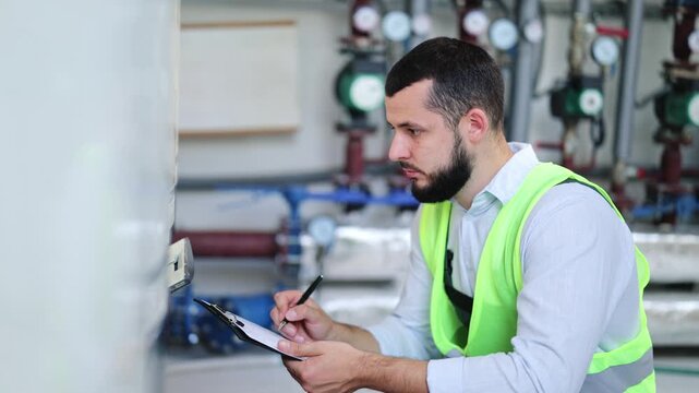 Diligent bearded engineer in a high-visibility vest meticulously documenting readings on clipboard, checking equipment within industrial boiler room. Ensuring optimal system performance and safety.