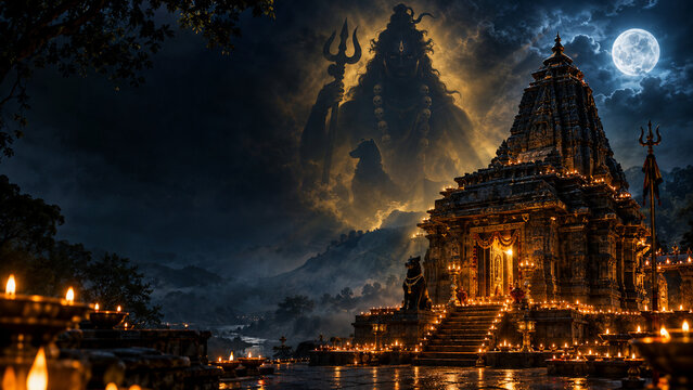 Hindu deity Kalabhairav emerging from ancient temple during nighttime