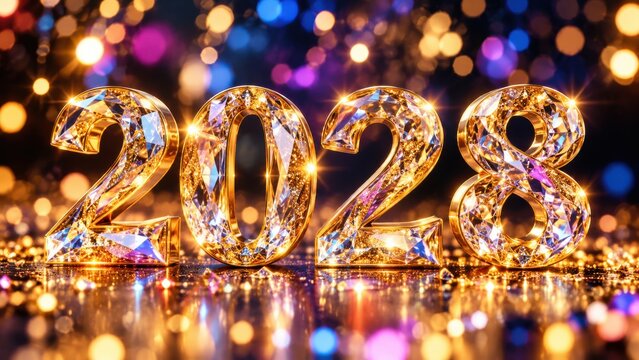 Diamond style golden numbers showing twenty twenty eight for luxury new year greeting and festive holiday background.
