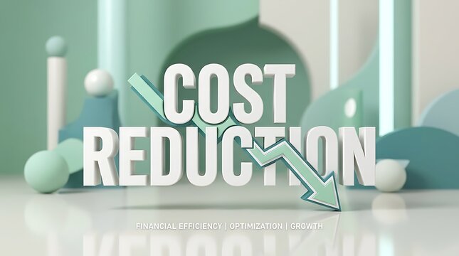 Cost reduction text displayed with 3d graphics and arrow.