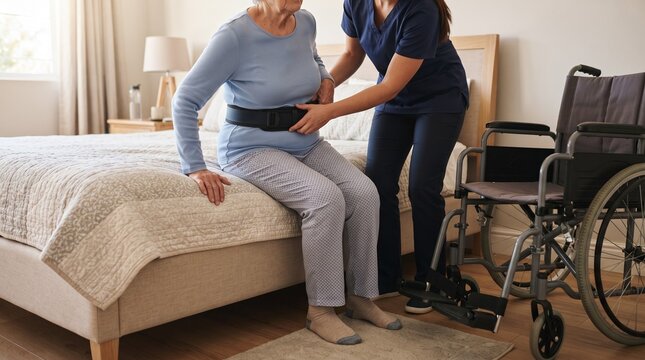 Home Care Nurse Using Transfer Belt to Help Senior Woman Move Safely From Bed to Wheelchair