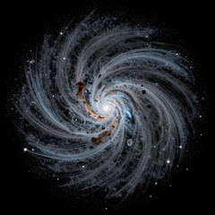 Fototapeta premium Astronomy and space exploration, spiral galaxy with swirling stars and cosmic dust clouds in deep space against a dark black background