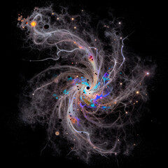 Fototapeta premium Cosmic evolution and galaxy formation abstract space background with swirling nebula clouds glowing stars and dark matter particles in deep universe