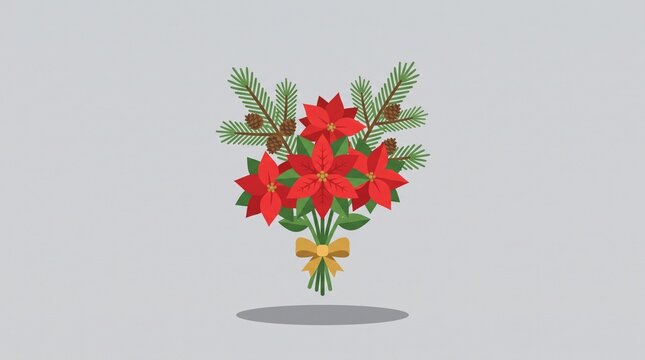 red poinsettia pine branch gold bow flat vector