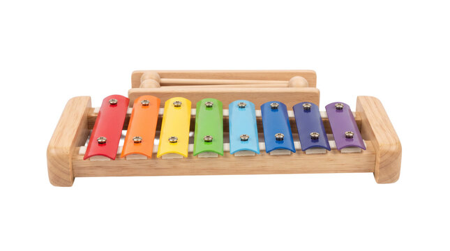 Wooden xylophone with colorful bars on transparent background