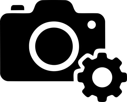 Digital camera icon with gear symbolizing settings and photography customization isolated on transparent background