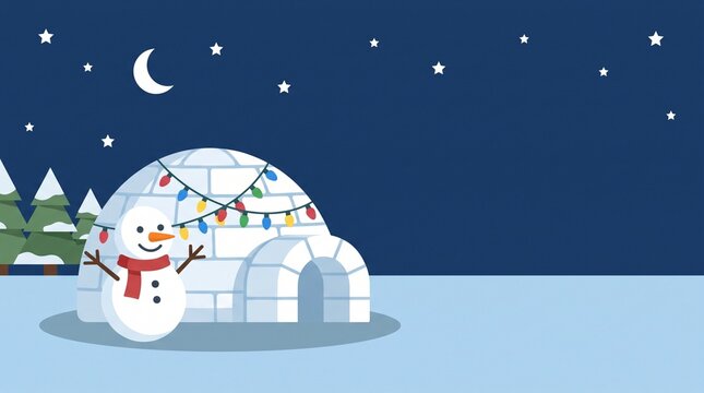 snowman igloo christmas lights night flat vector