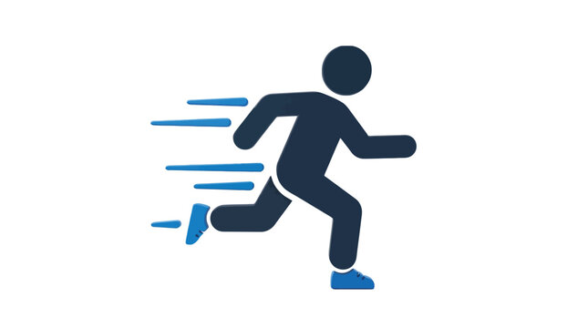 Fast running person icon with dark silhouette and blue motion lines in minimalist style