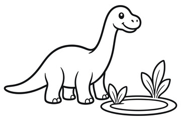 Fototapeta premium Cute long neck dinosaur standing near a pond vector design coloring page