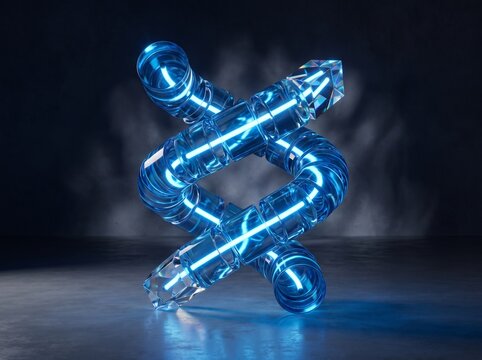Abstract 3D sculpture of twisted blue neon glass tubes forming X shape with glowing light inside and crystal tips isolated on dark smoky background. Futuristic technology art for tech, gaming, sci-fi 