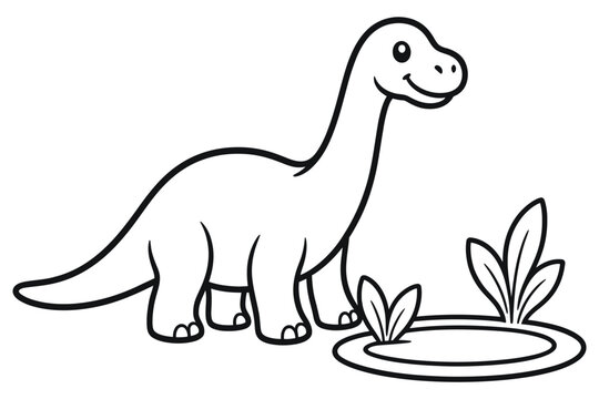 Cute long neck dinosaur standing near a pond vector design coloring page