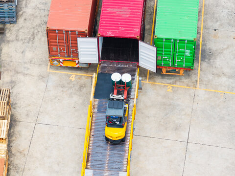 Forklift Loading Cargo Container Aerial View