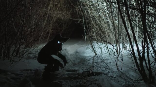 Transformed wolf human hybrid creature moves through dark snowy forest at night. scene is tense with werewolf crouching low to inspect or approach object on ground surrounded by bare