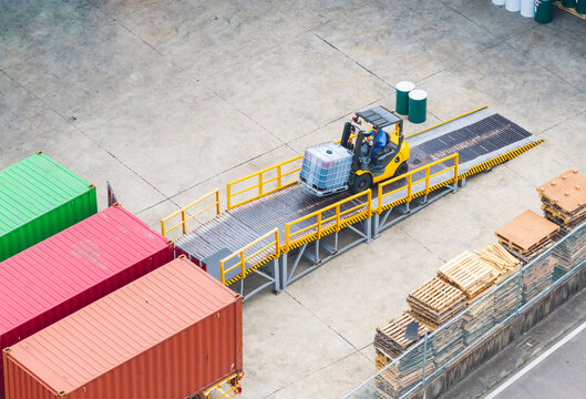 Aerial View of Forklift Loading Cargo at Industrial Logistics Ya