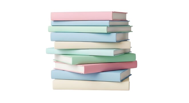 A tall stack of colorful pastel books isolated on white background